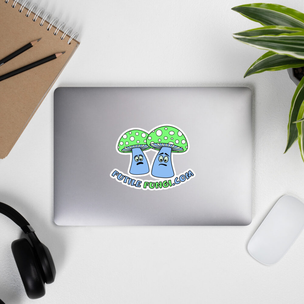 Futile Fungi white logo stickers